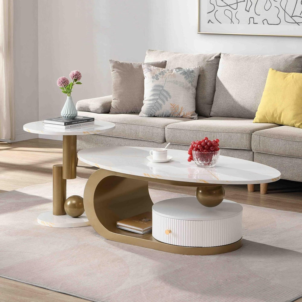 Modern Nesting Coffee Table Set of 2, Oval White and Gold Coffee Table and Ro...