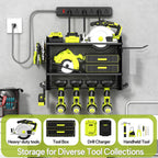 3 Layer Heavy Duty Power Tool Organizer Wall Mount with Charging Station, Adjustable Metal Storage Rack, 6 Outlets Strip, Drill Holders, Hooks & Drill Bit Rack for Garage, Workshop, Black