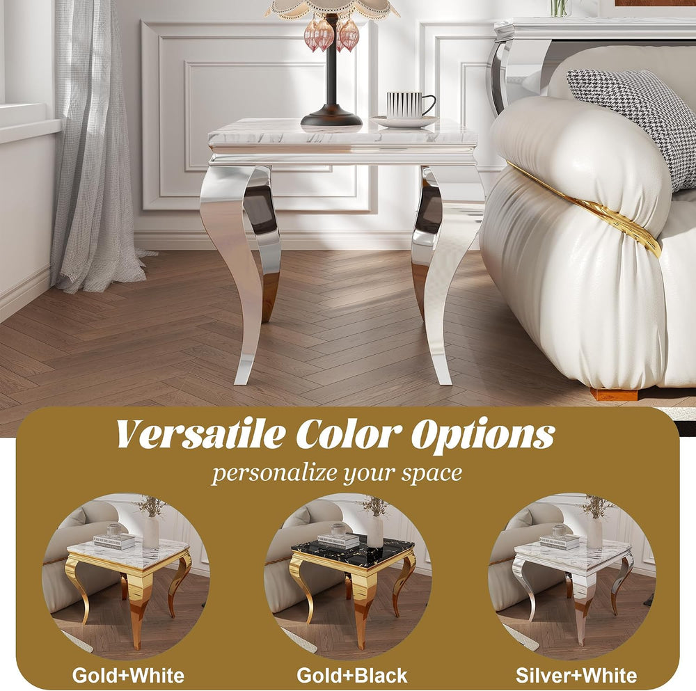 Square Faux Marble End Table, Modern Elegant Side Table with Stainless Steel ...