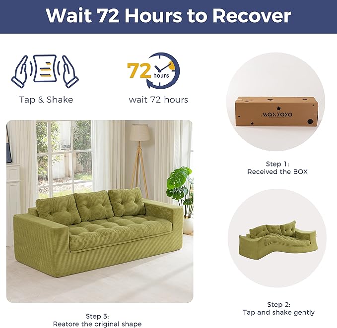 MAXYOYO 79" Loveseat Sofa Couch for Small Spaces, Upholstered Boneless Cloud Couch for Apartment Bedroom, 2-Seater Love Seat Floor Modern Sofa with Pillows, No Assembly Required, Green