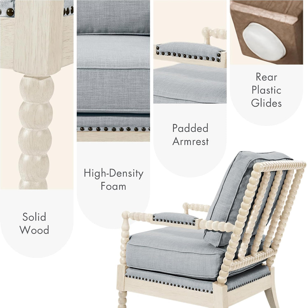 Madison Park Accent Chairs for Living Room Farmhouse Modern Armchair, Solid Wood, Antiqued Finish, Upholstered Seat Removable, Bedroom Lounge for Reading, 25.5" W, Light Blue/Antique Cream