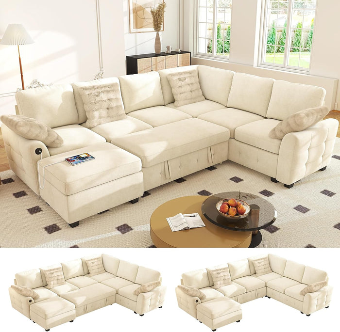 Ihanherry 106-inch Large L-Shaped Sectional Sofa Bed, 7-Seater Convertible Pull Out Sleeper with Storage Ottoman, 4 Pillows & USB Charging Ports, Premium Chenille Fabric for Big Living Room（Beige）