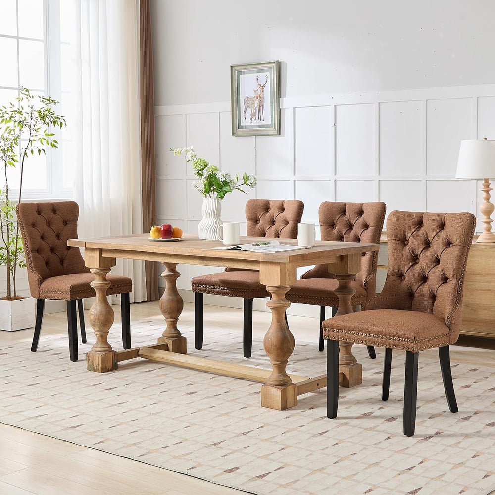 Espresso Brown Mid Century Modern Dining Chairs Set of 4, Linen Upholstered K...