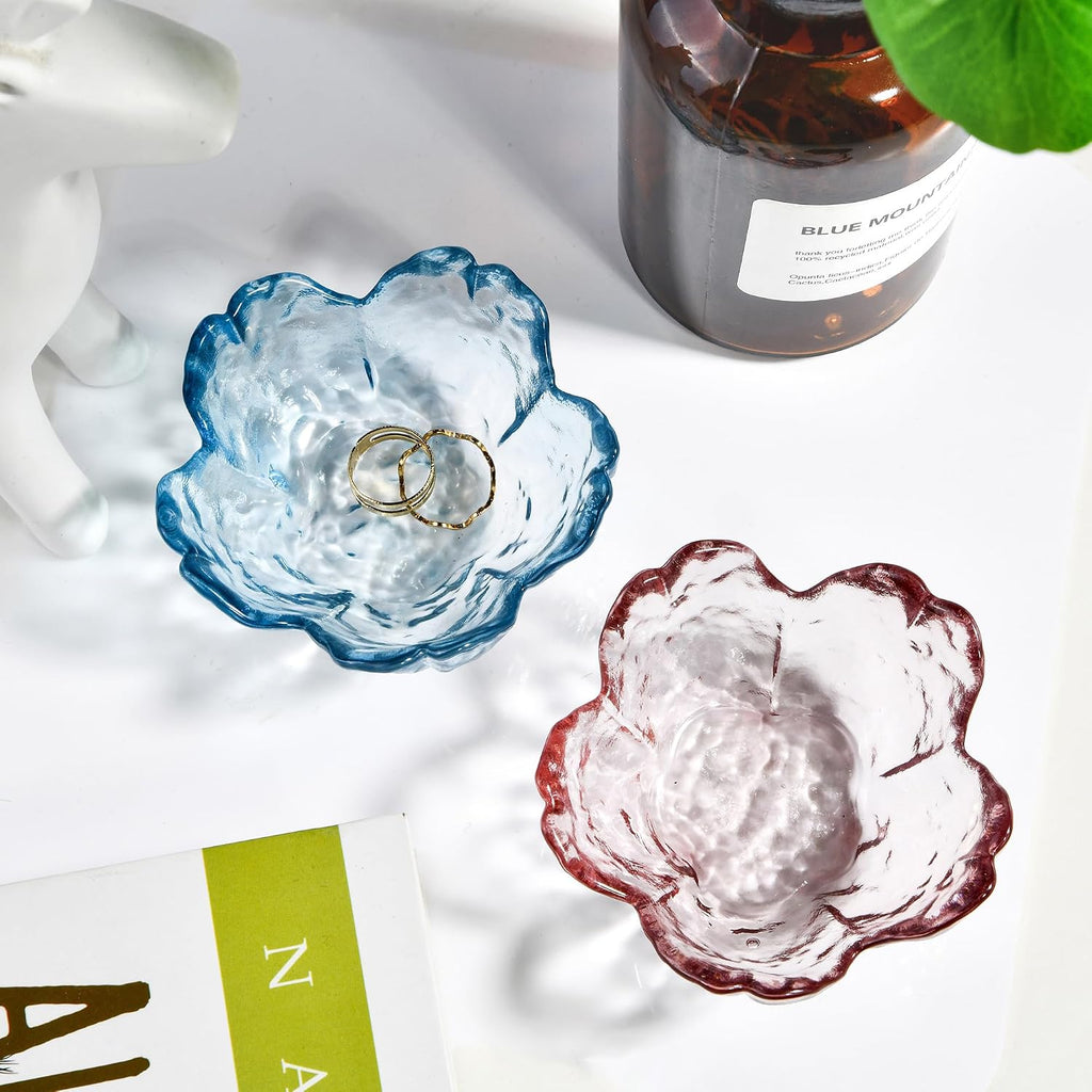 Blue Glass Ring Holder Dish, Cherry Blossom Style Decorative Glass Bowl, Small Jewelry Trinket Key Holder Tray for Women