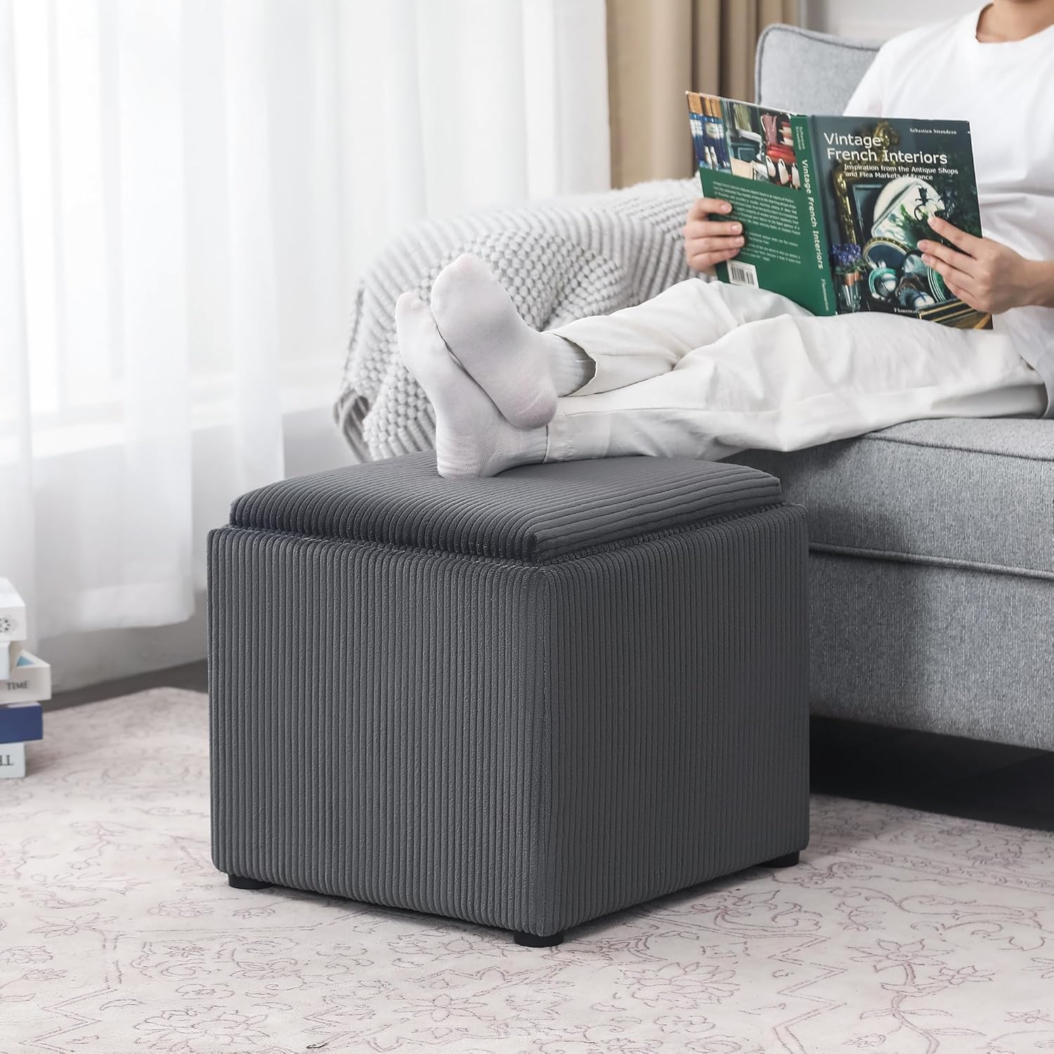 Adeco 17" Corduroy Storage Ottoman with Reversible Tray Lid, Modern Square Footstool for Living Room, RV & Dorm, Sturdy 355lbs Capacity Coffee Table & Side Table, Gray
