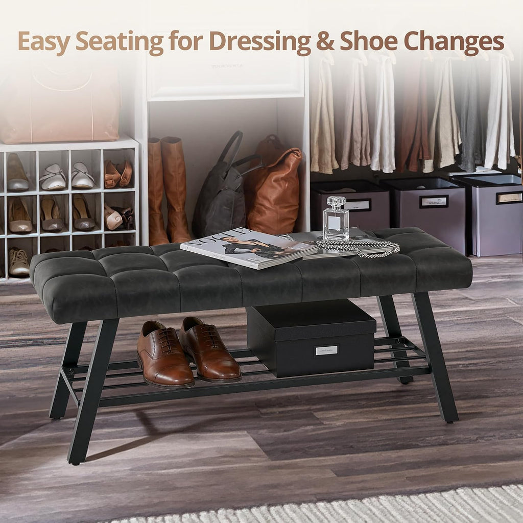 LUE BONA 45" Entryway Bench with Storage Shelf, End of Bed Bench with Tufted Faux Leather Seat, Bedroom Bench with Metal Frame, 330 LBS Capacity for Entryway, Living Room, Hallway, Black