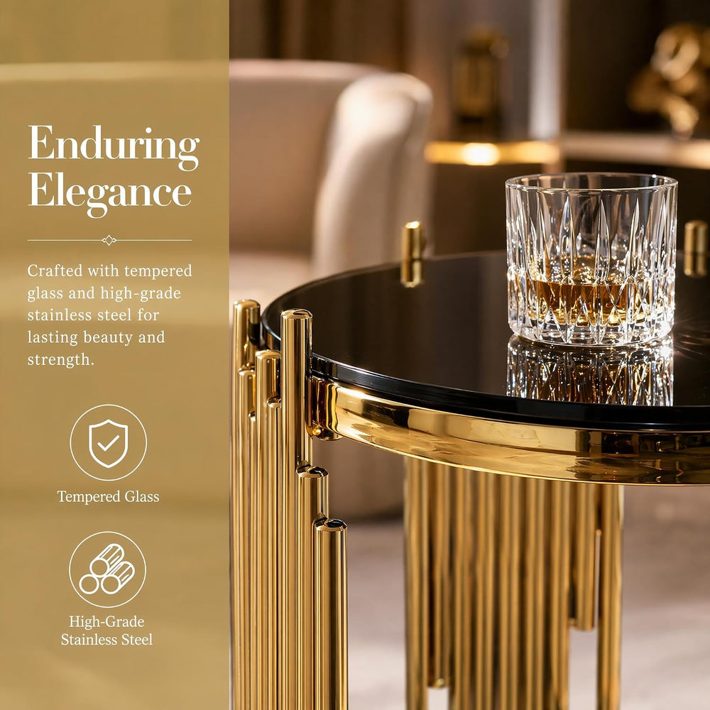 Modern Round End Table Gold Side Table with Glass Top Living Room