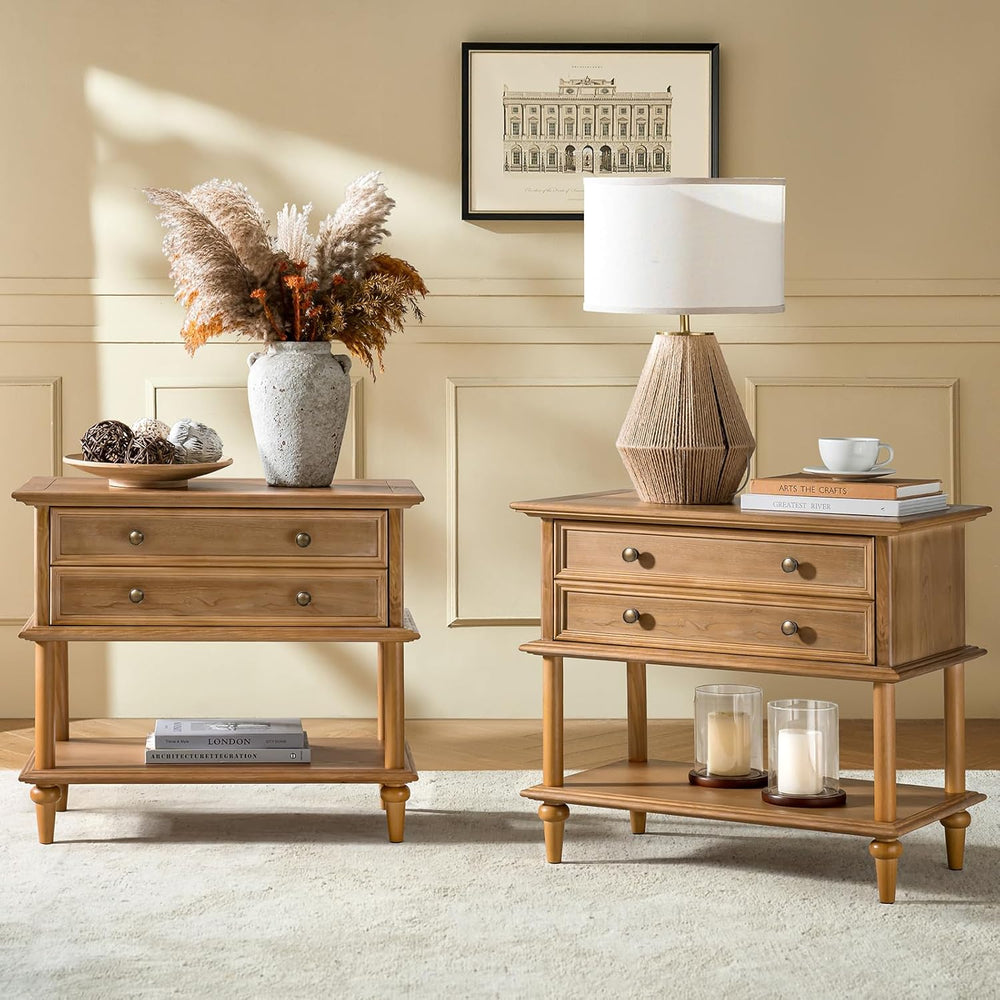 HULALA HOME Farmhouse Nightstand Set of 2 with Drawer & Open Shelf, Natur...