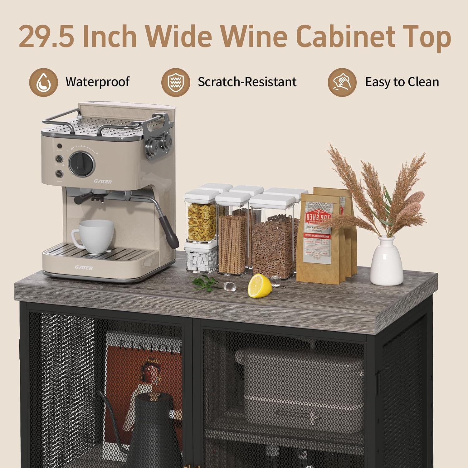 Coffee Bar Cabinet with Adjustable Shelves,Liquor Cabinet with Wire Mesh Doors,Space-Saving Buffet Cabinet, for the Kitchen, Dining Room, and Living Room, Gray
