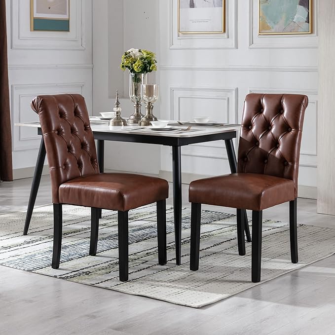 PU Leather Dining Chairs Set of 2, Farmhouse Upholstered Kitchen & Dining Room Chairs Modern Accent Side Chairs Parsons Chairs for Bedroom/Living Room/Resturant, Brown