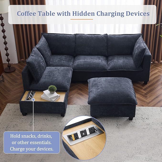Merax Modern 90" U-Shaped Chenille Sectional Sofa Set, Modular Sofa Couch with a Movable Ottoman, a Coffee Table with Hidden Charging Devices for Living Room, Blue