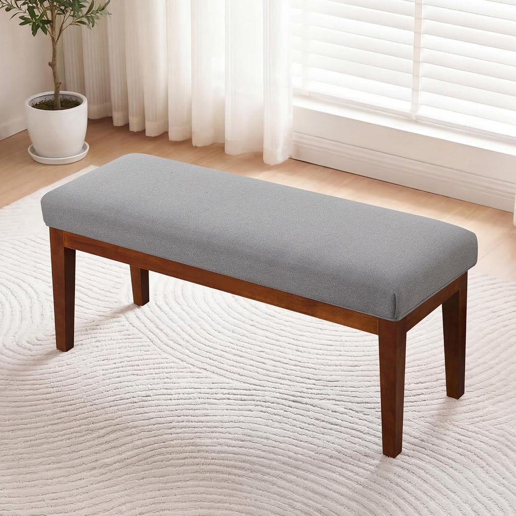 43.5" Upholstered Bedroom Bench, Linen Entryway Bench with Solid Wood Legs, End of Bed Bench with Cushion, Dining Bench for Living Room, Bedroom, Hallway, Light Grey
