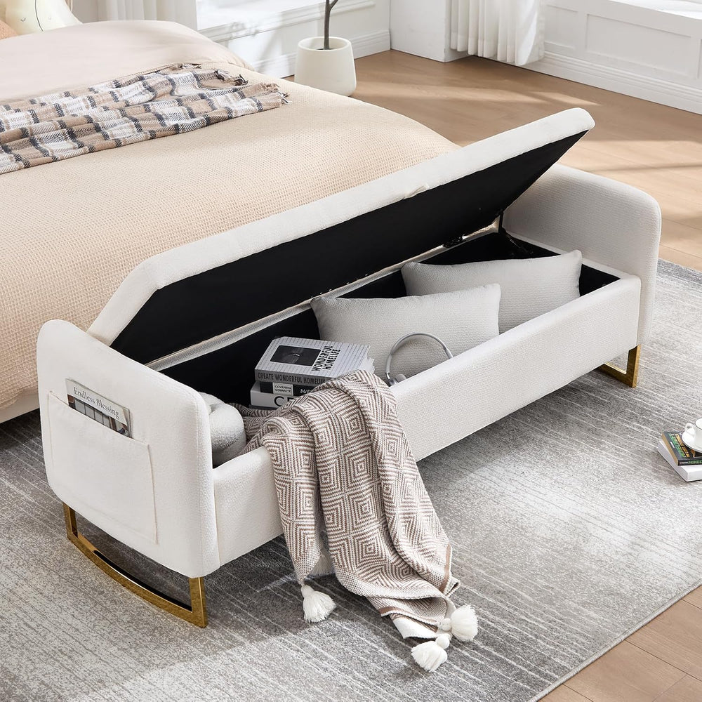 Storage Bench for Bedroom, 65 Inch End of Bed Storage Bench Cream | Chenille ...