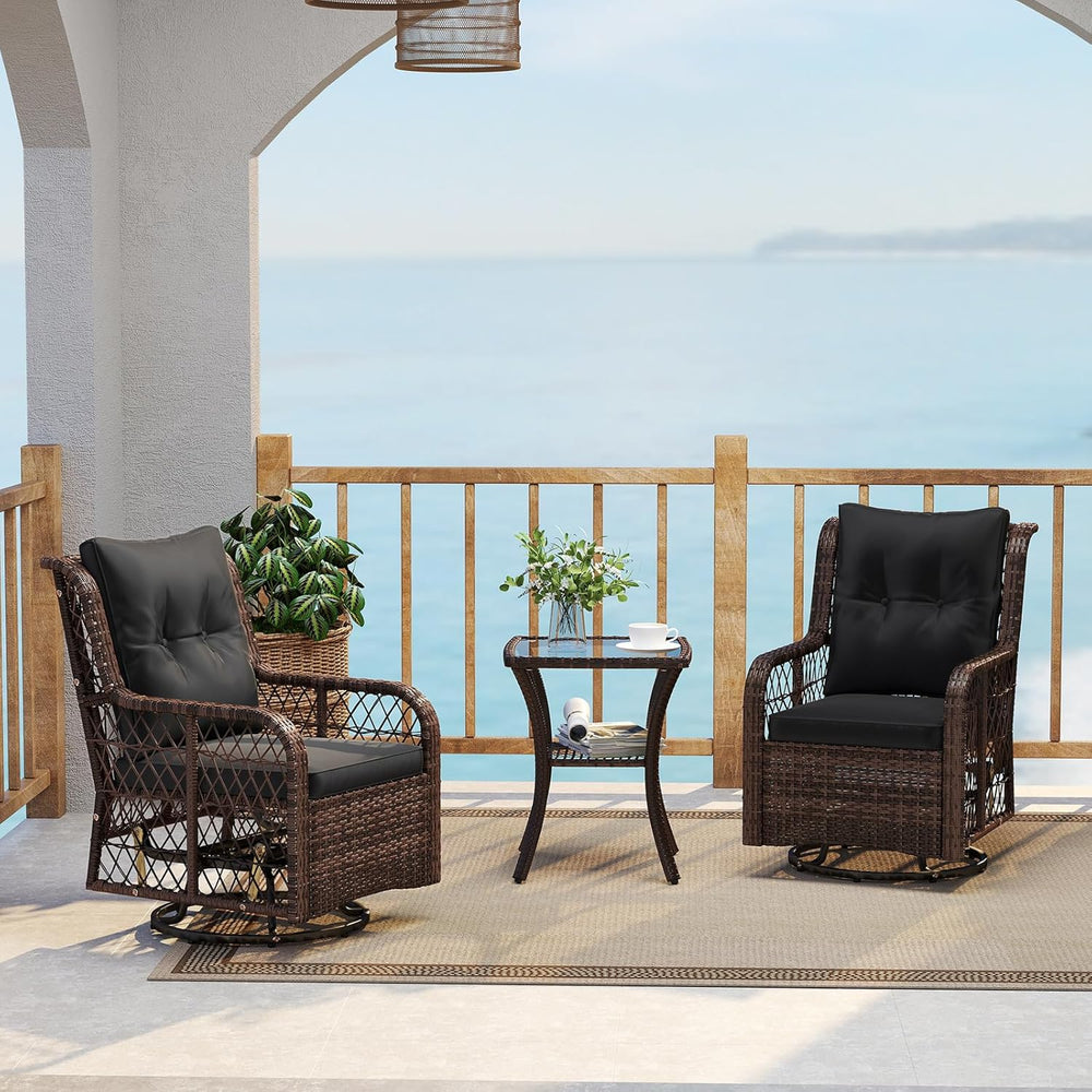 Tangkula 3 Pieces Outdoor Swivel Rocker Set, Rattan Wicker Patio Rocking Cush...