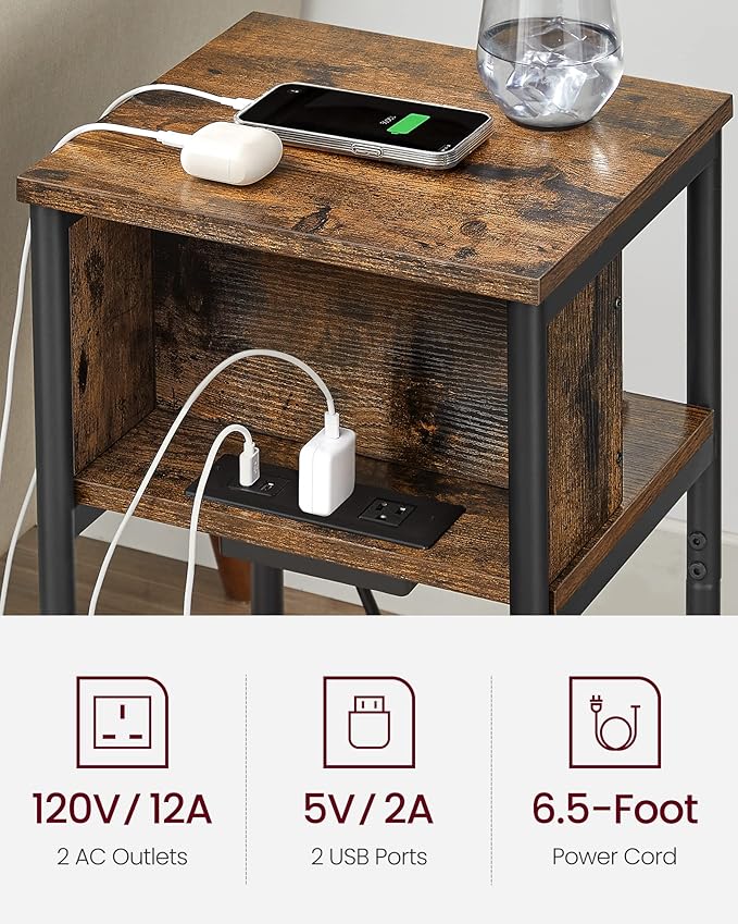 VASAGLE Side Table with Charging Station, 3-Tier End Table with USB Ports and...
