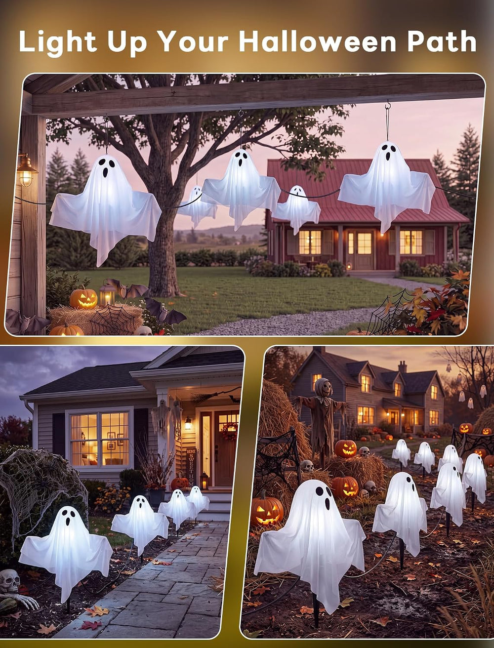 Halloween Ghost Pathway Lights, 4 Pack LED Yard Stake Lights Outdoor Decor