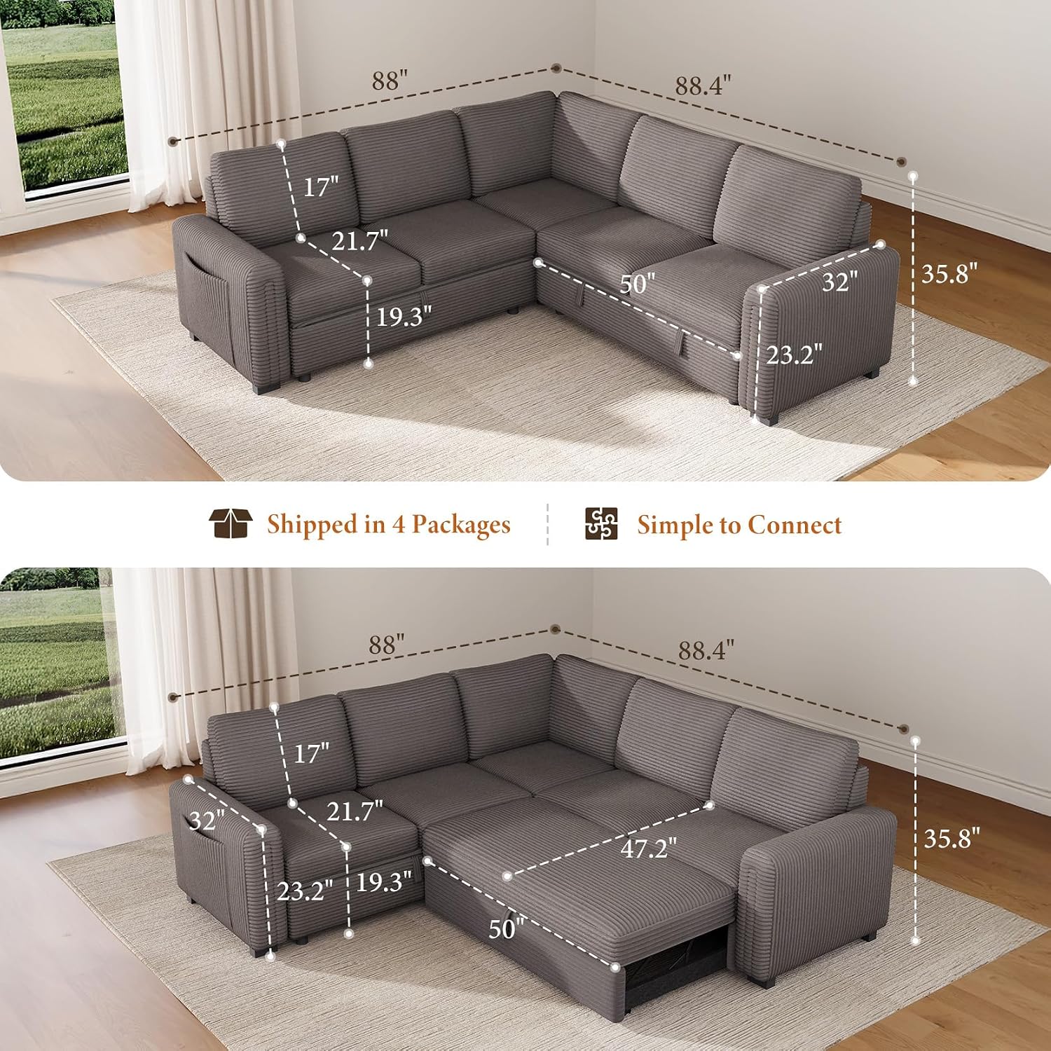 Vesgantti 88.4" Corduroy Sectional Sleeper Sofa with Pull Out Bed, Brown | 5 Seater Modular Couch with Storage, Comfy L Shaped Cloud Couches for Living Room, Bedroom, Apartment, Easy to Assemble