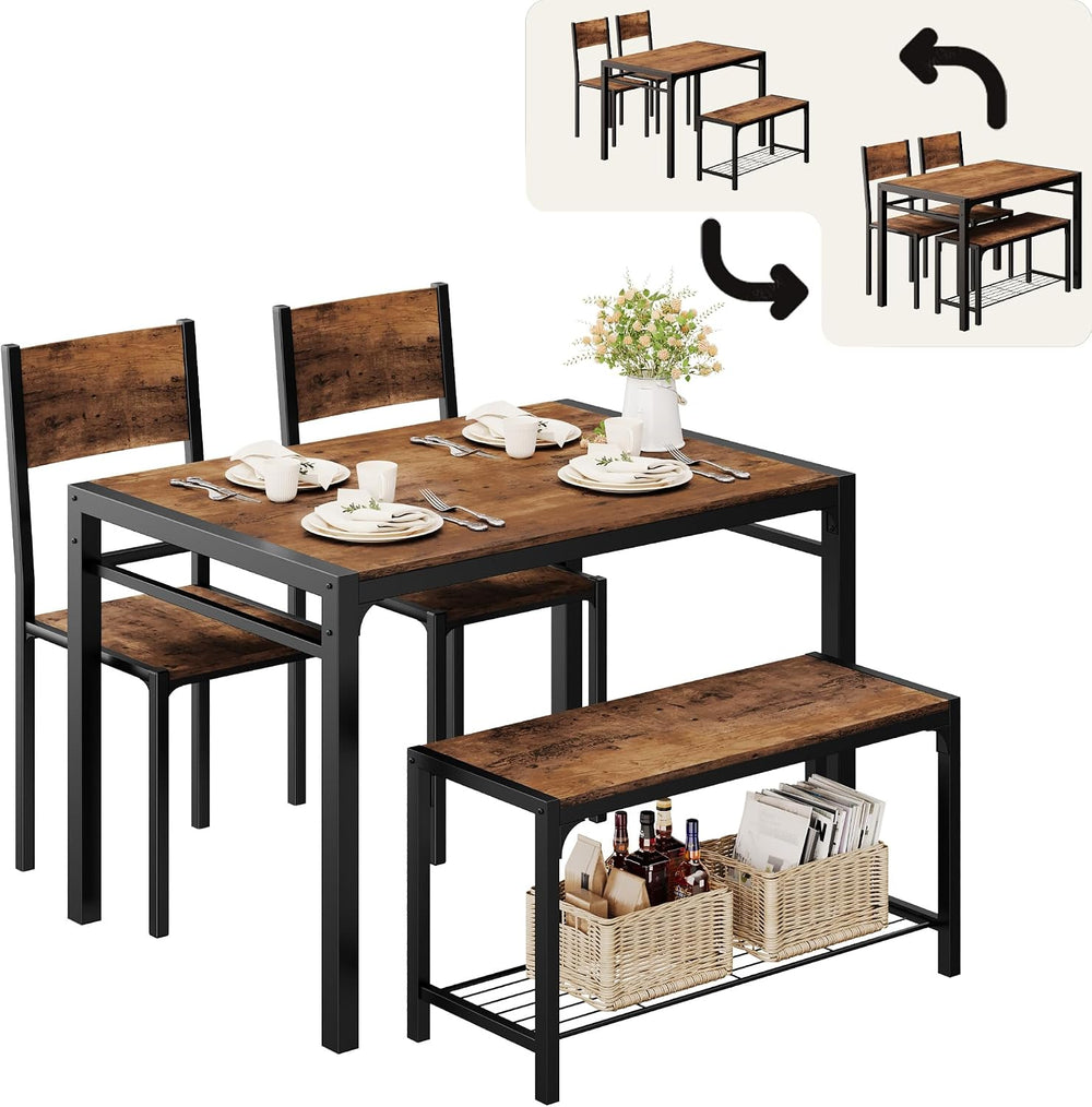 Shahoo Kitchen Table and 2 Chairs for 4 with Bench, 4 Piece Dining Sets for S...