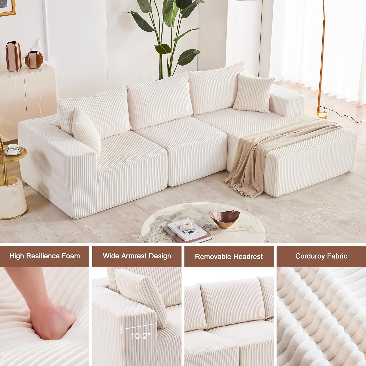 108" Boneless Couch with Chaise, Modular Sofa with Deep Seat, Beige | Deep Seat Modular Sectional Sofa for Living Room, Upholstered Corduroy Couch for Apartment, Convertible No Assembly Sofa