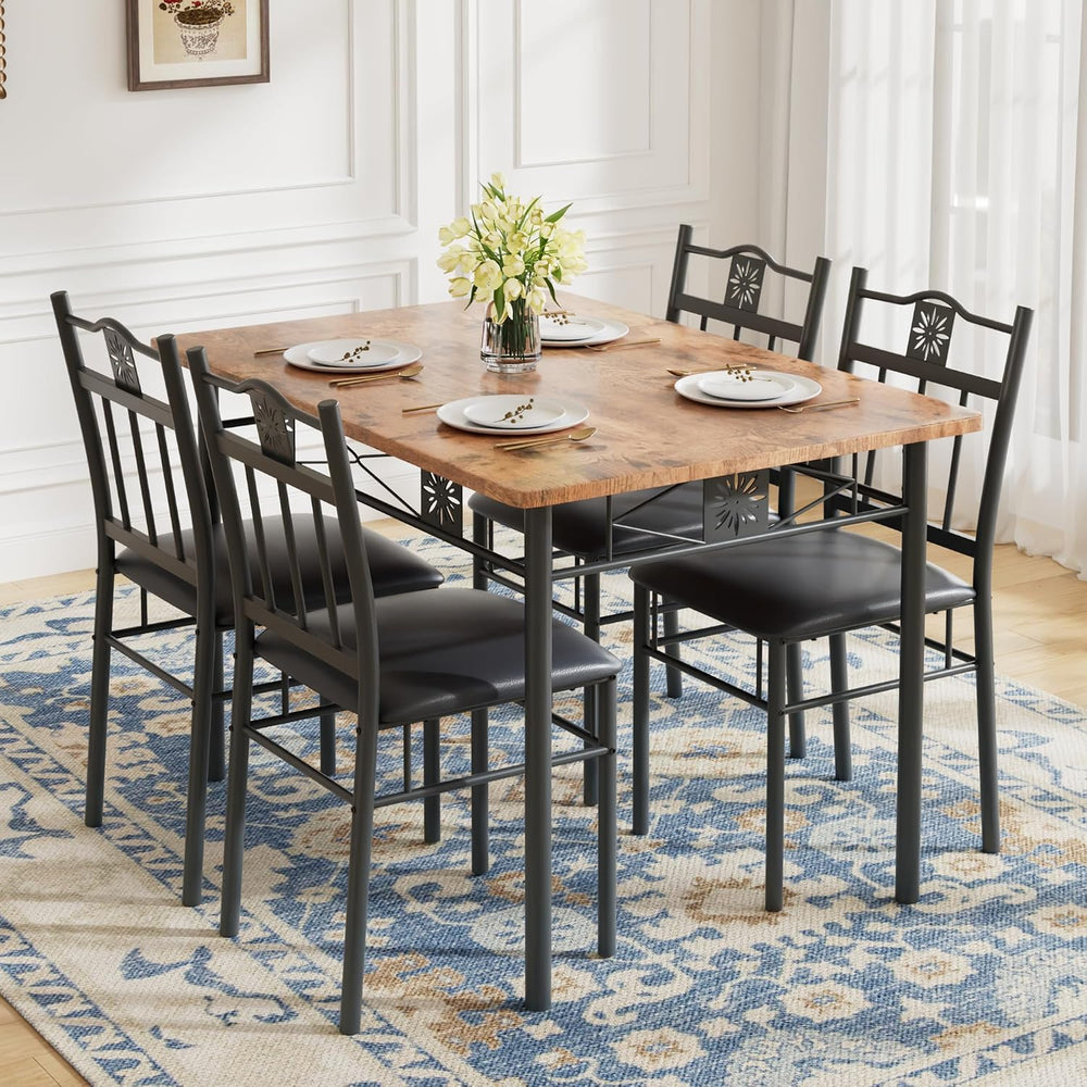 VECELO Dining Table Set for 4, 5-Piece Wood Kitchen Table with Upholstered Pa...