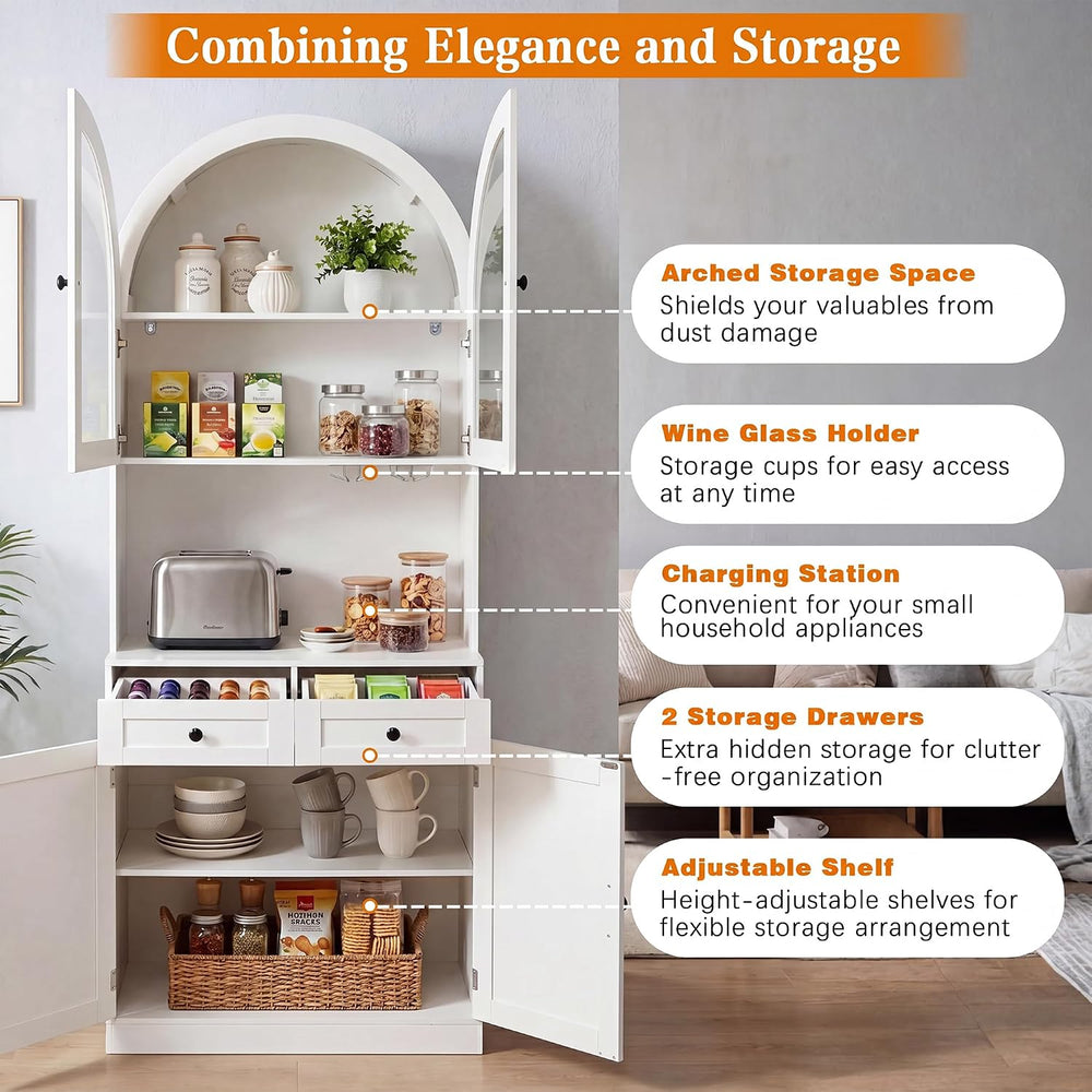 75" Farmhouse Tall Arched Pantry Cabinet with Charging Station, White | ...