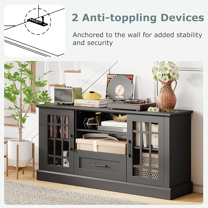 GOFLAME Farmhouse TV Stand for TVs up to 70", Entertainment Media Center Storage Cabinet with Glass Doors, Open Shelves & Drawer, Wooden Television Console Table for Living Room (Black)