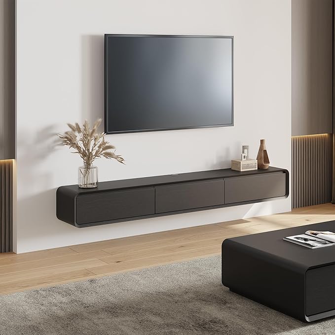 POVISON Fully-Assembled Minimalist Floating TV Stand, Modern Wall-Mounted Entertainment Center with 3 Flip-Down Cabinet Doors, Solid Wood, Black Oak, 78"