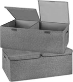 2 Pack Storage Boxes with Lids and Handles, Collapsible Linen Storage Bins Organizer Containers Baskets Cube with Removable Divider for Home Bedroom Closet Office (Grey, Small)