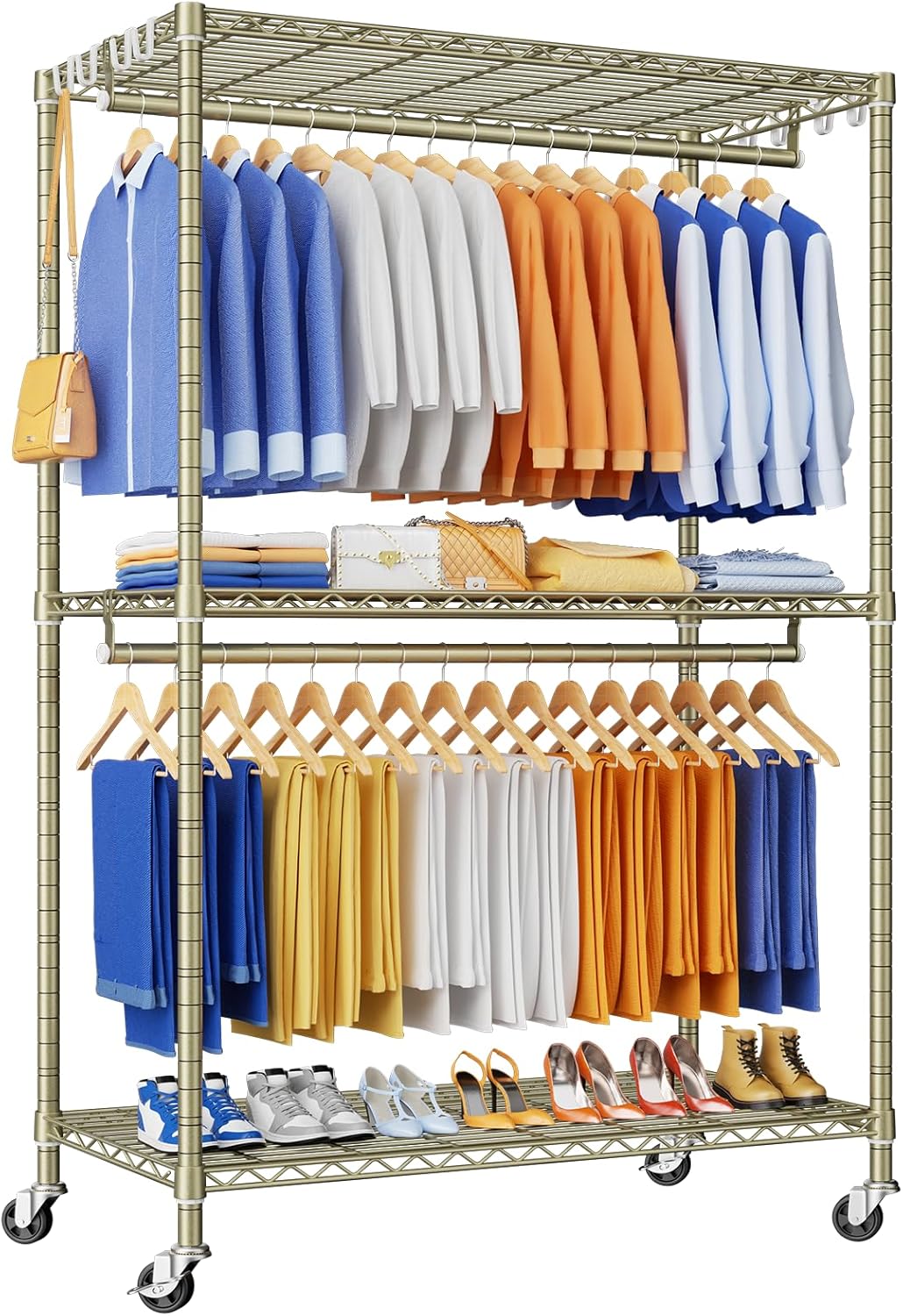 P8 Heavy Duty Clothes Rack（With Extended Width Design） Rolling Clothing Racks for Hanging Clothes，Portable Garment Rack with Lockable Wheels，51.2" W x 15.8" D x 80.5" H，Max Load 700LBS，Gold