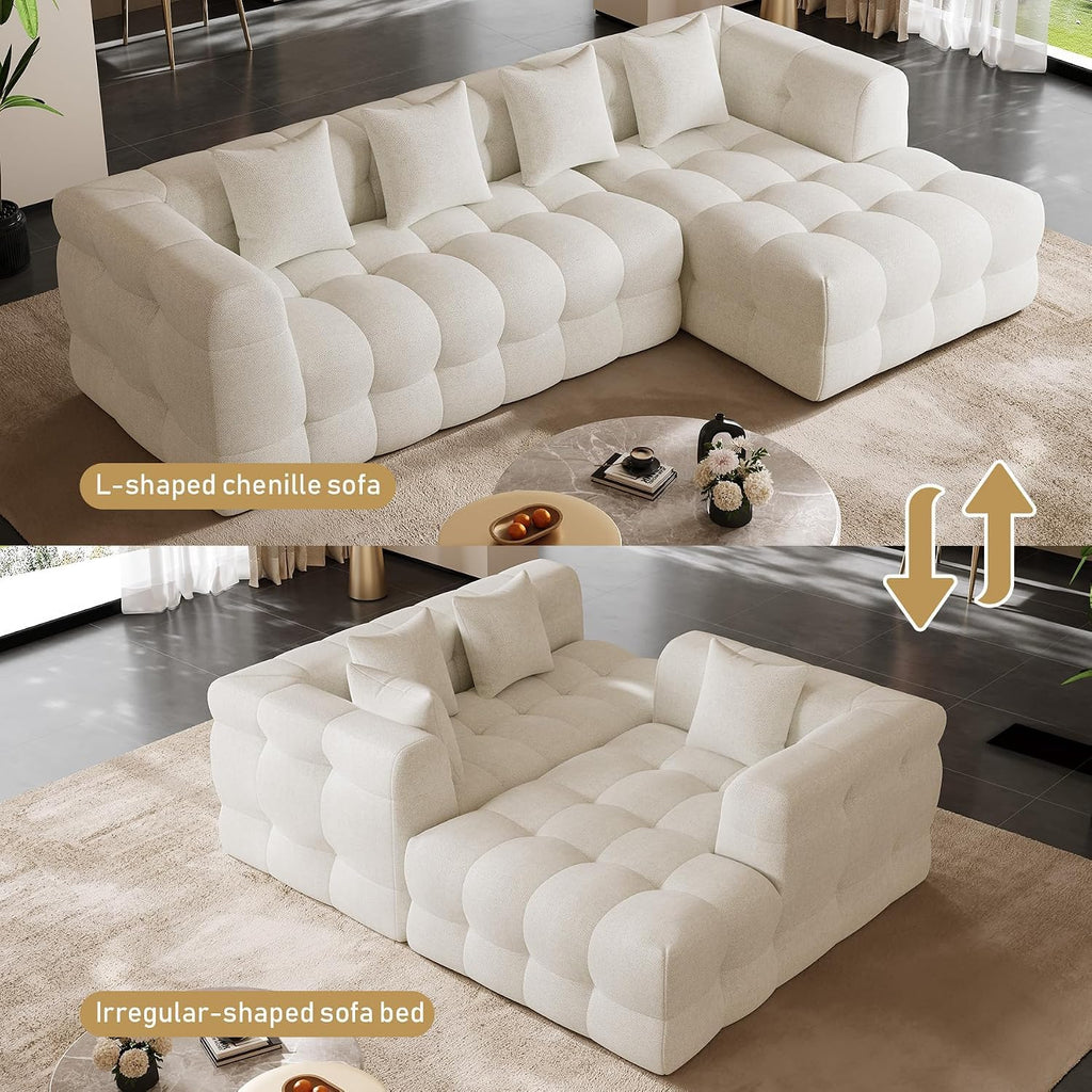 120" Oversized Modular Sectional Couch,Cloud Sectional Sofa with Deep Seat, Modern Modular Couch with 4 Throw Pillows,L-Shaped Chenille Sofa Couches with Right Facing Chaise for Living Room, Beige