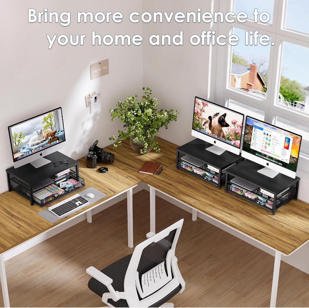 OPNICE Computer Monitor Stand Riser, Desk Organizer with Drawer, Laptop Stand, Office Desk Accessories & Workspace Desktop Organizers Storage for Office Supplies(Black)