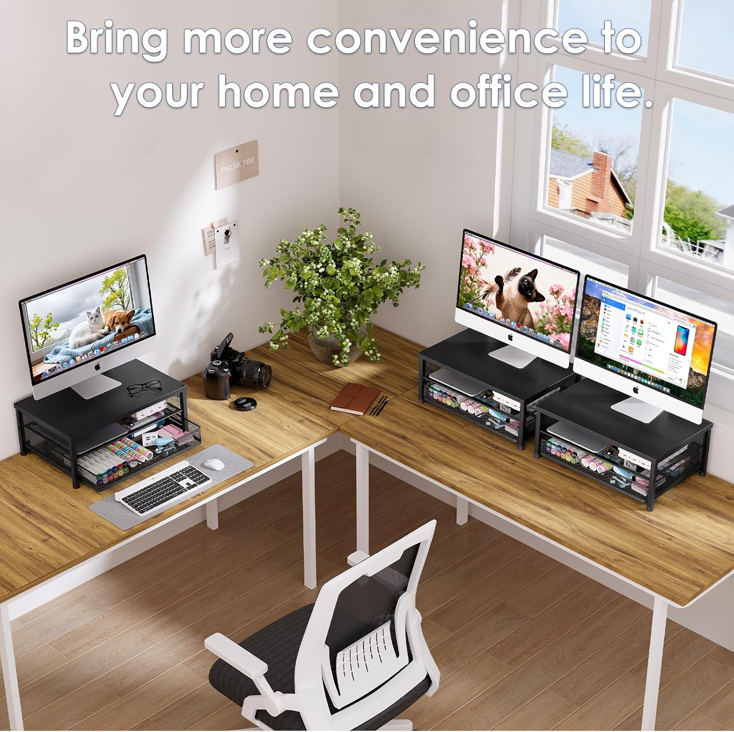 OPNICE Computer Monitor Stand Riser, Desk Organizer with Drawer, Laptop Stand, Office Desk Accessories & Workspace Desktop Organizers Storage for Office Supplies(Black)