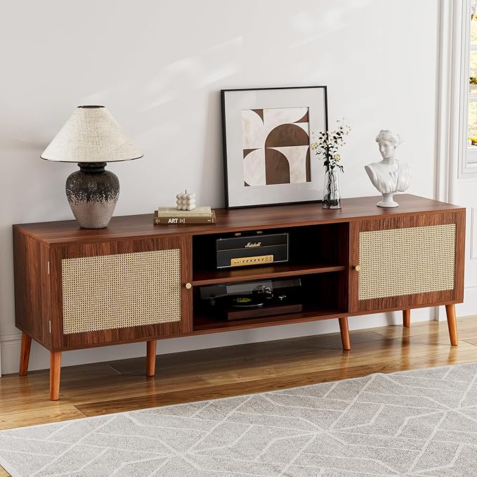 TV Stand for TVs up to 65'', Entertainment Center With Rattan Door, S...