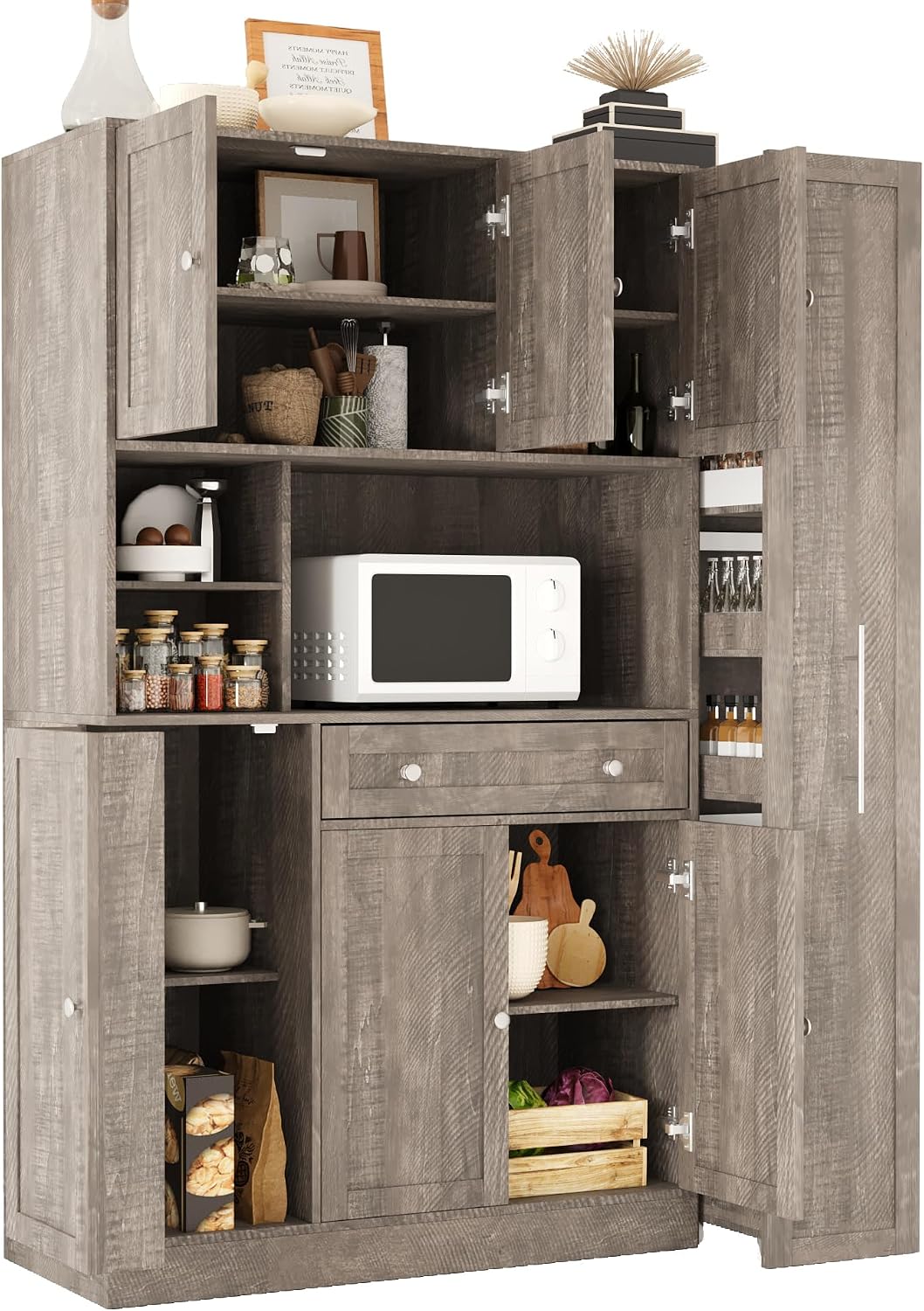 Merax Farmhouse Pantry Storage Cabinet, Freestanding Buffet Cabinet with Pull-Out Side Cabinet, Door Shelves and Drawer, Kitchen Hutch with Doors,Brown(52.8x17.7x70)