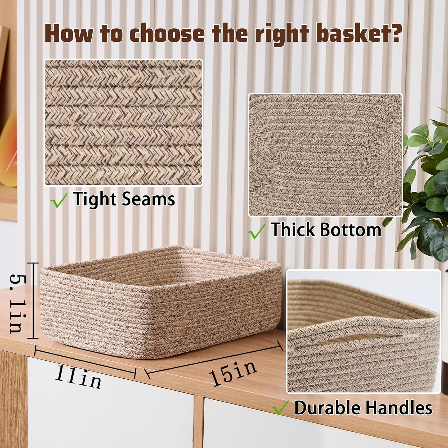 Large Shallow Organizing Baskets 15x11x5.1 Inches - Rope Woven Storage Bins for Bathroom, Shelves, Cube Closet, Mixed Brown 3 Packs