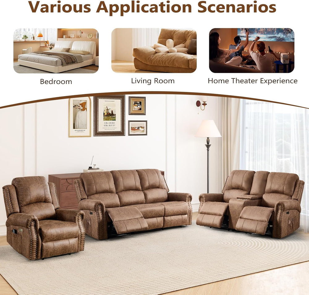 HAOMARKETS 3-Piece Power Reclining Sofa Set with Rivets, Included Electric Ma...