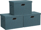 Large 17" 36 Quart Collapsible Stackable Storage Bins with Lids, 3 Packs Blue-Green Linen Fabric Closet Boxes with Lids, Storage Cube Baskets Container Organizers for Bedroom (17x12x11)