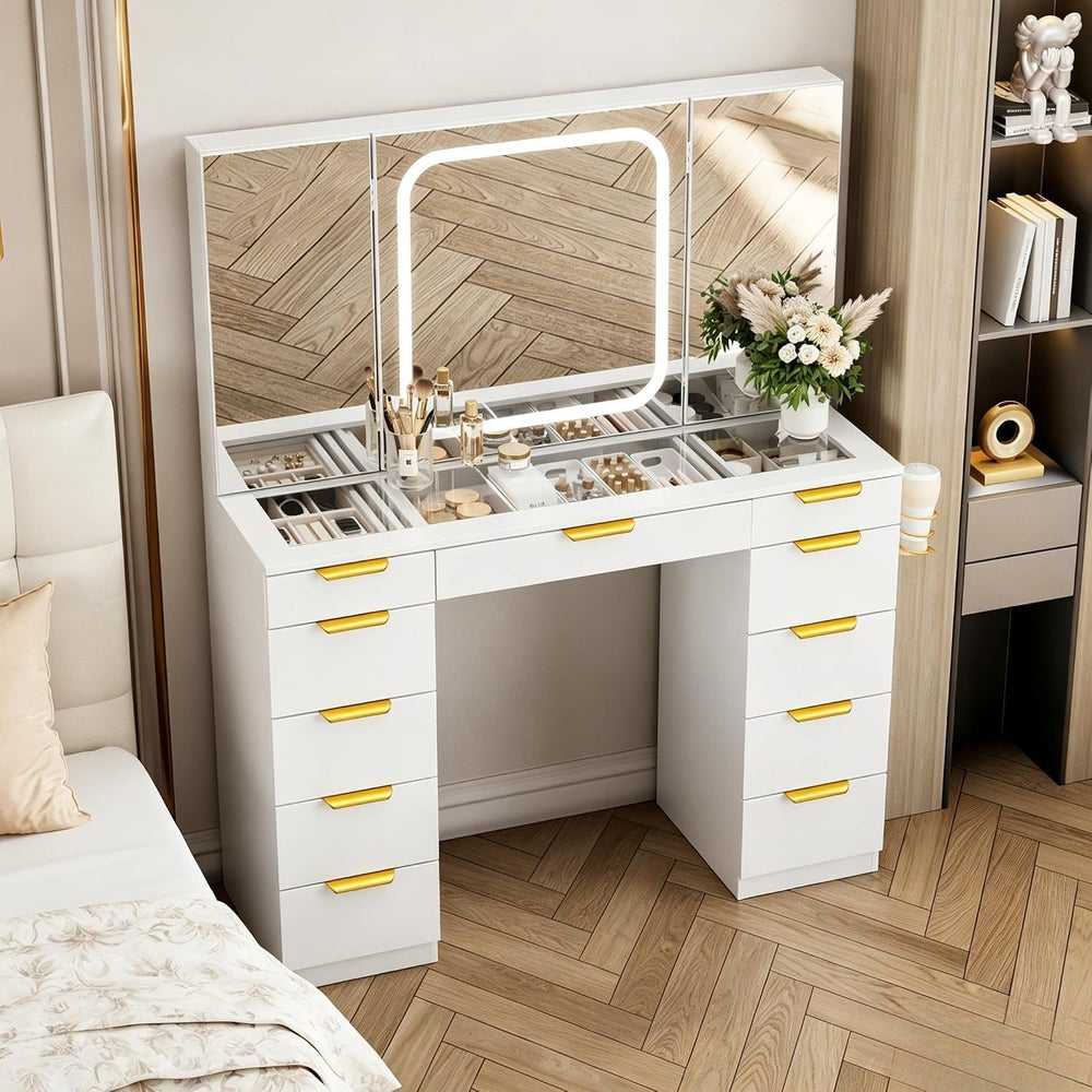 Pamapic Glass Top Vanity Desk with Foldable Mirror, 11 Drawers Makeup Vanity ...
