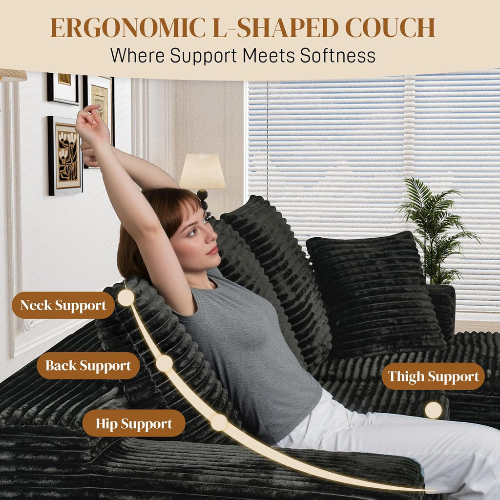 108" L Shaped Boneless Sectional Couches for Living Room, Comfy Corduroy Floor Cloud Sofa with Chaise, Wide Armrest, Deep Seat, Memory Foam, Assembly Free, Ideal for Small Spaces, Black