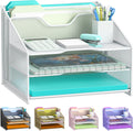 samstar White Desk File Organizer, Mesh Letter File Folder Holder with 3 Paper Trays and 2 Vertical Upright Section, for Office Supplies, Desk Accessories & Workspace, White