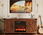JUMMICO Fireplace TV Stand, Farmhouse Entertainment Center with Fireplace and Shelves, Double Barn Doors Storage Cabinets for TVs to 65+ Inch for Living Room (Walnut)