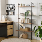 Bestier 65" Industrial Wall-Mounted Ladder Shelf 4 Tier Bookshelf with Storage Organizer Plant Flower Display Stand Round Tube Bookcase Rack with 2 Hooks for Home Office,Large,Rustic Brown