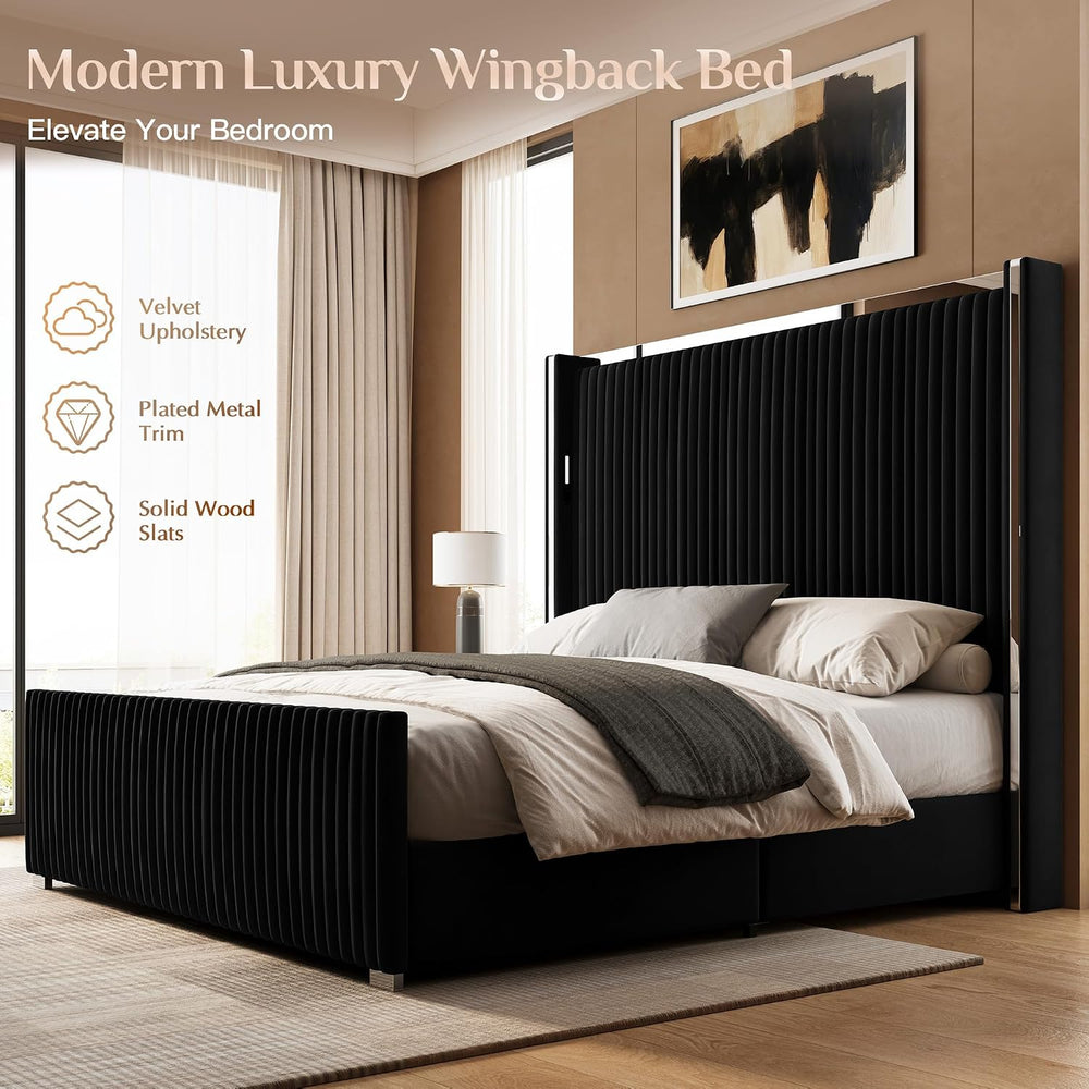 Belffin Queen Size Bed Frame with 59'' Tall Headboard, Velvet Bed, Black