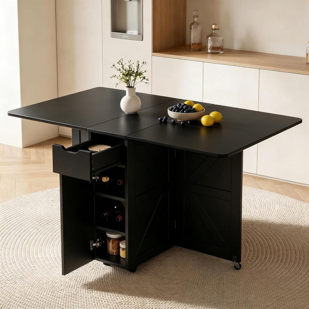 Folding Dining Table with Drawer and Storage Shelves, 53" Space Saving F...
