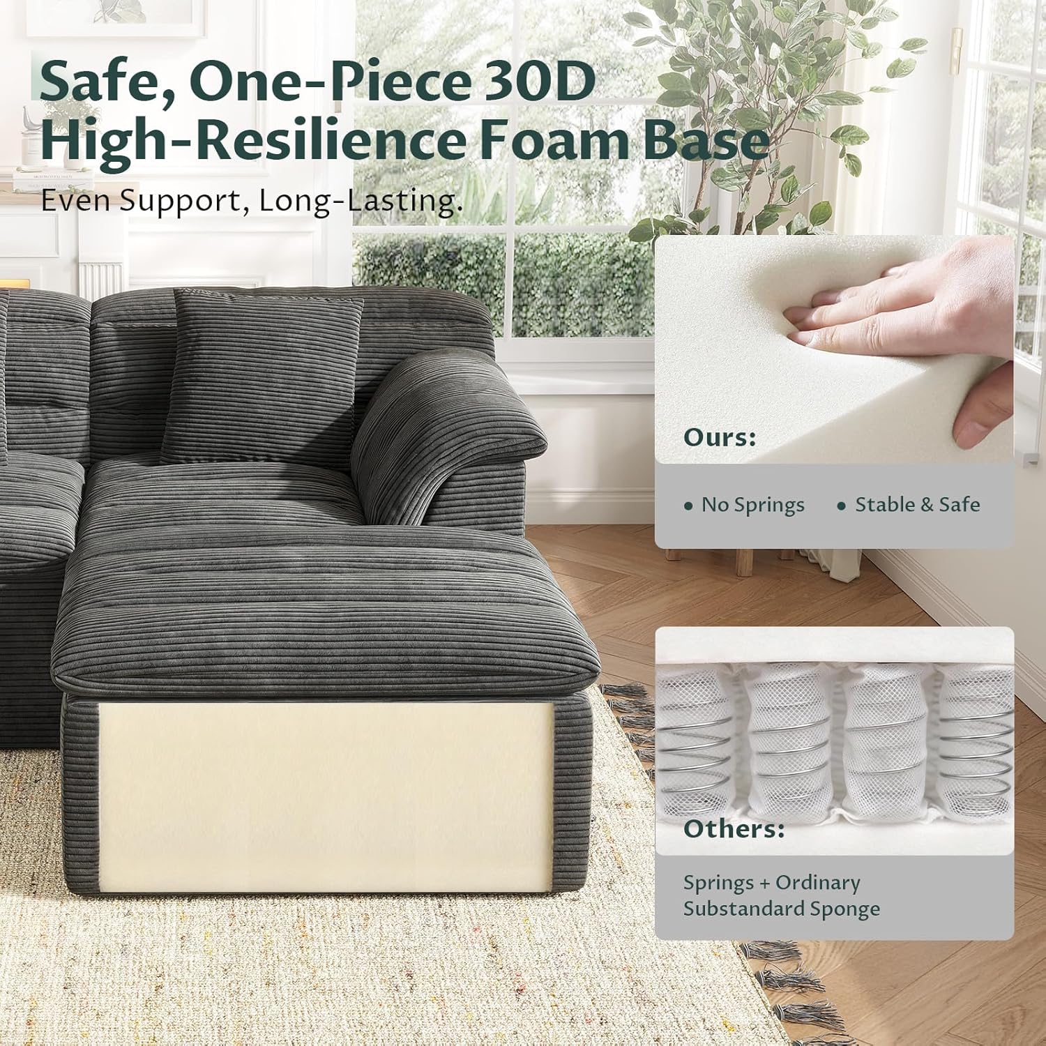 112" Modular Cloud Sectional Couch with Ottoman, Modern Upholstered Compressed Sofa with Deep Seat, Comfy L-Shape Corduroy Couches for Living Room, No Assembly Required, Dark Gray