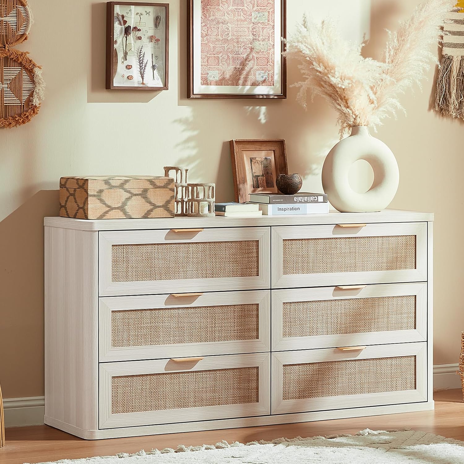 LEYAOYAO Rattan 6 Drawer Dresser for Bedroom, Boho 54" Wide White Dresser Chest of Drawers, Dressers TV Stand with Metal Handle, Storage Dressers Closet Organizer for Living Room, Hallway