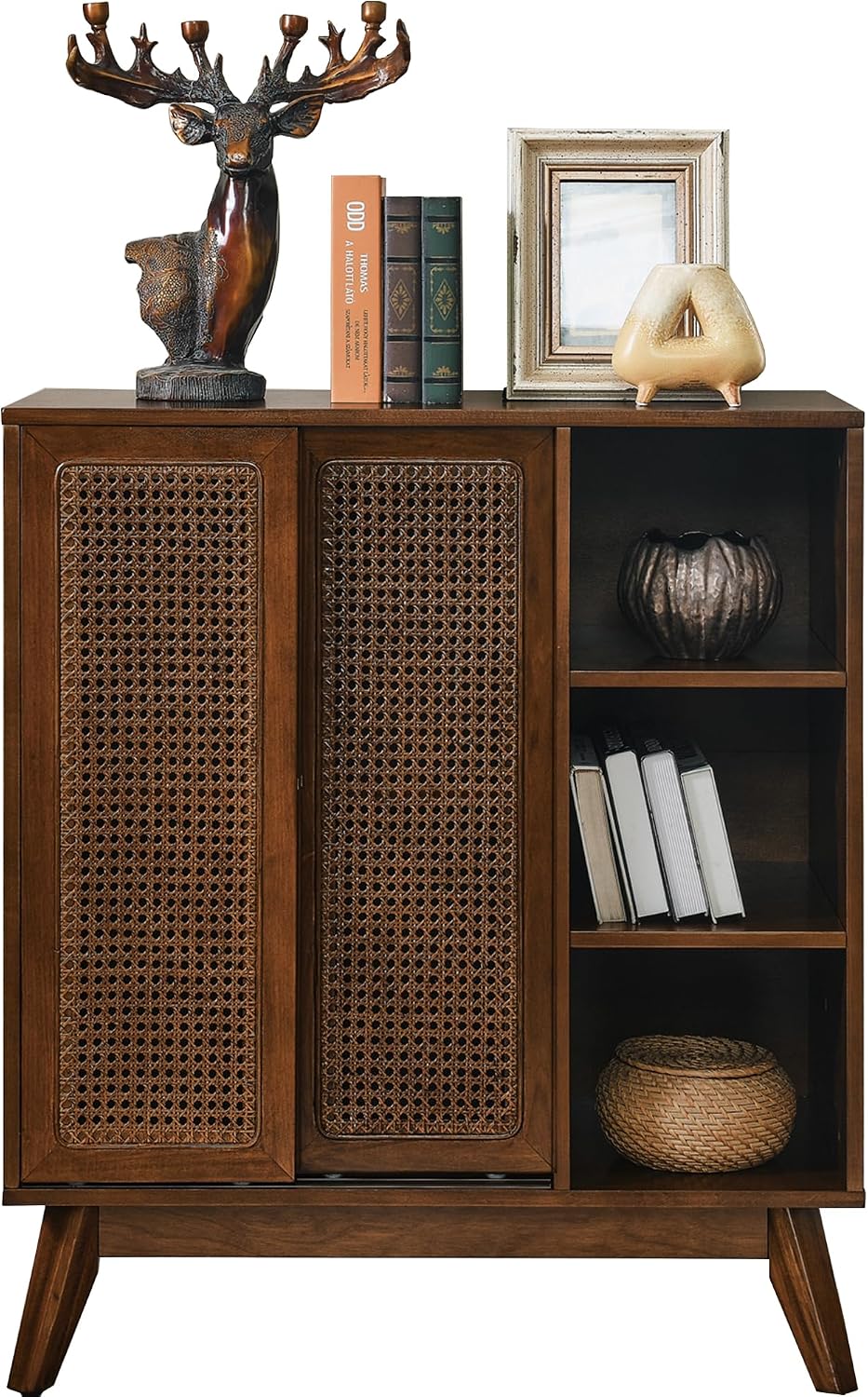 LKTART Mid Century Modern Small Rattan Sideboard Buffet Storage Cabinet