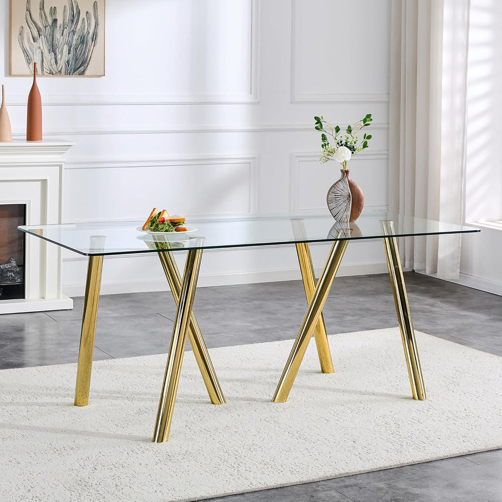 71" Glass Gold Dining Table for 6-8, Modern Dining Room Table with 0.39&...
