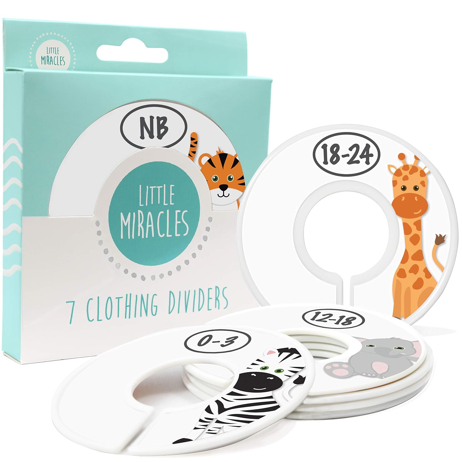 Baby Closet Size Dividers for Baby Clothes - 7X Dividers, Safari [White] | Elephant Giraffe Zebra Lion Monkey Cheetah, Nursery Closet Dividers for Baby Clothes, Nursery Decor, For Boy or Girl