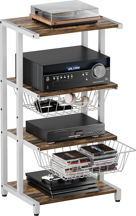 Media Stand with Two Detachable Baskets, 4-Tier AV Media Stand Corner Shelf f...
